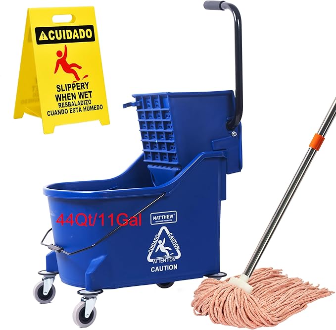 Matthew Cleaning Blue 44Quart Commercial Mop Bucket INCL.Wet String Mop& 19'' Industrial Wet Floor Sign with Side Press Wringer On Wheels,Tandem Portable Floor Cleaning Wavebrake,Ideal for Household
