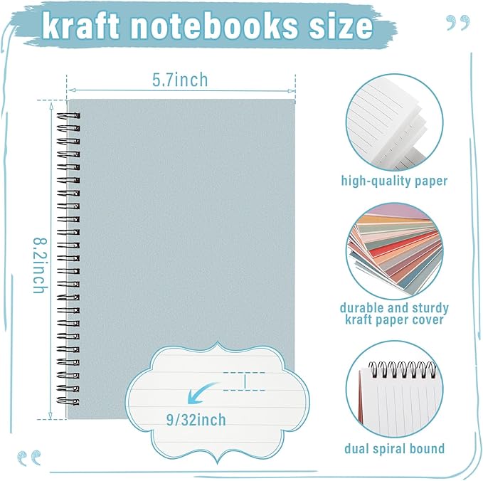 Fuutreo 12 Pcs Spiral Notebook for Work A5 8.3 x 5.7 Inch College Ruled Spiral Journal Notebook Kraft Cover Ruled Paper, 12 Color, 60 Sheets, 120 Pages for Office School(Vintage Color)