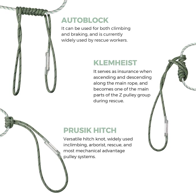10mm Nylon Prusik Cord Pre-Sewn 24in Prusik Loop，22kN (4950lb) Sewn Eye-to-Eye Utility Cord for Arborist Tree Work, Rescue, Rappelling & Aerial Operations