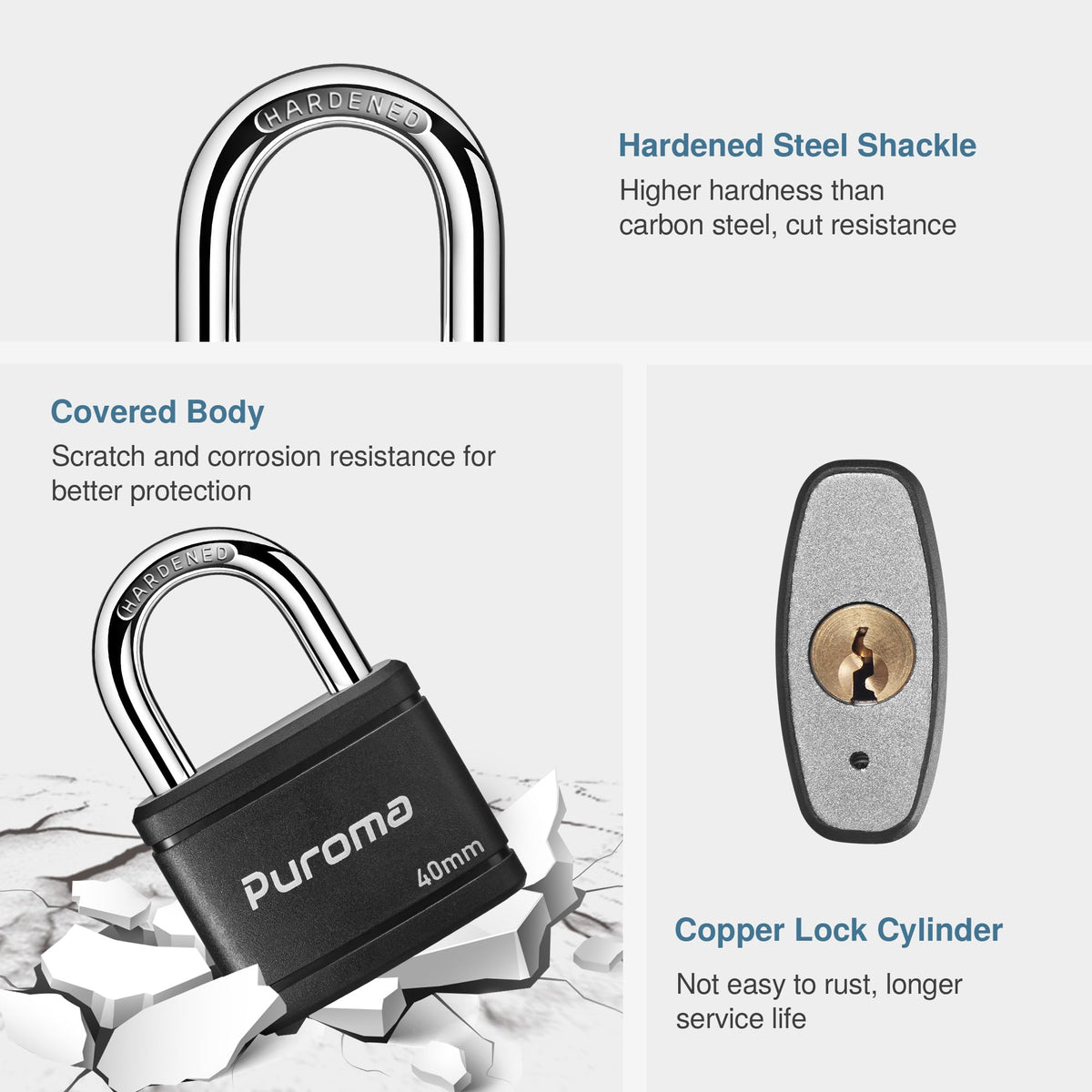 Puroma 2 Pack Keyed Padlock with 3 Keys Alike, 1.1 Inch Locker Lock 40mm Heavy-Duty Locks for Gate Fence Hasp Cabinet Toolbox School Gym Locker (Black)