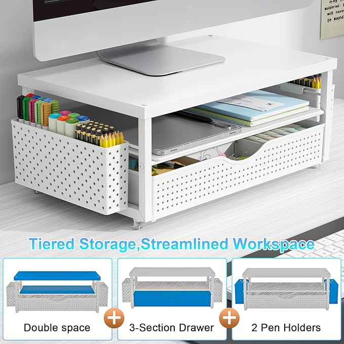 gianotter Wood Monitor Stand Riser, Office Desk Shelf Organizer, Desk Organizer with Drawer and Pen Holder, 2-Tier Computer Stand, Office Organization (Matte White)