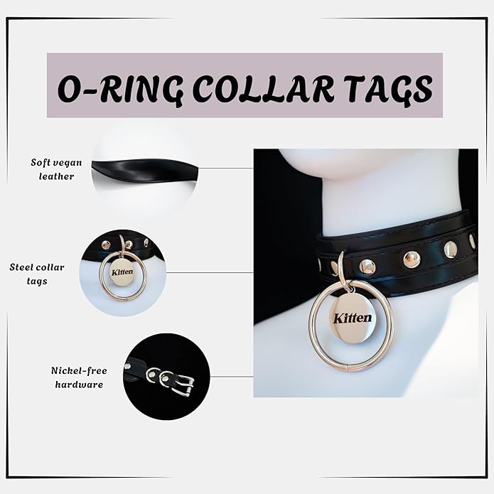 Black O-ring Leather Choker Collar for Women, Gothic Punk Style Adjustable Choker Necklace with Rivets and Engraved Letters Steel Tag
