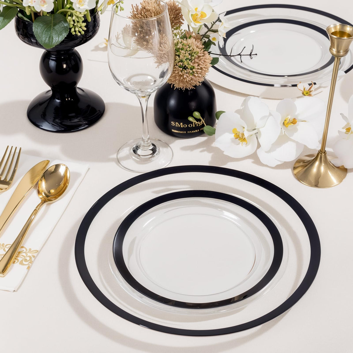 supernal 120PCS Black Rimmed Clear Plastic Plates, Heavy Duty Disposable Dinnerware Set - 60 Dinner & 60 Dessert Plates for 2026 Graduation Party, Black and White Wedding Reception & Elegant Catering