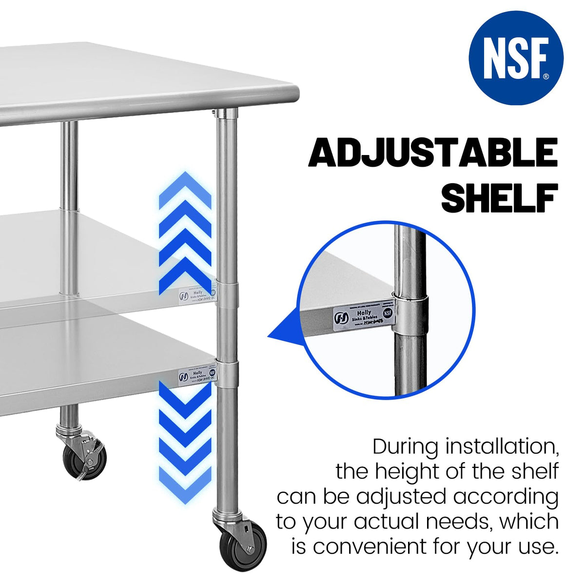 Hally Stainless Steel Table for Prep & Work 24 x 72 Inches with Caster Wheels, NSF Commercial Heavy Duty Table with Undershelf and Galvanized Legs for Restaurant, Home and Hotel