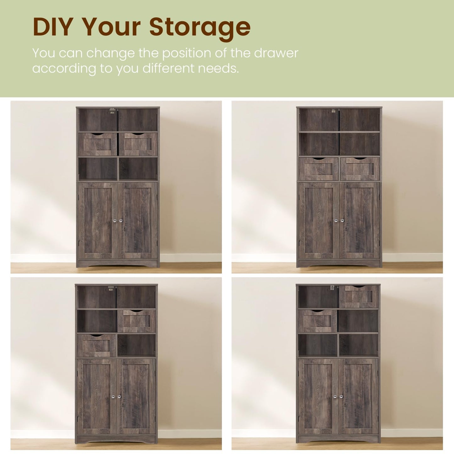 Iwell Tall Storage Cabinet with 2 Drawers & Adjustable Shelf, Bathroom Cabinet with Doors, Kitchen Pantry Storage Cabinets, Cupboard for Living Room, Dining Room, Entryway, Rustic Gray