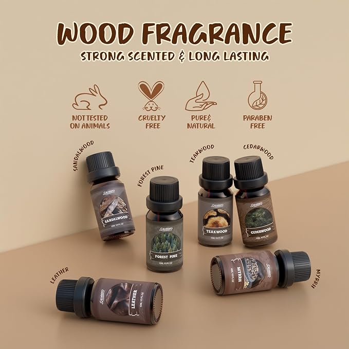 SALUBRITO Woody Fragrance Oils Set, Wood Essential Oil Set for Diffuse, Forest Pine, Sandalwood, Leather, Teakwood, Myrrh, Cedarwood Scented Oil for Candle, Soap Making
