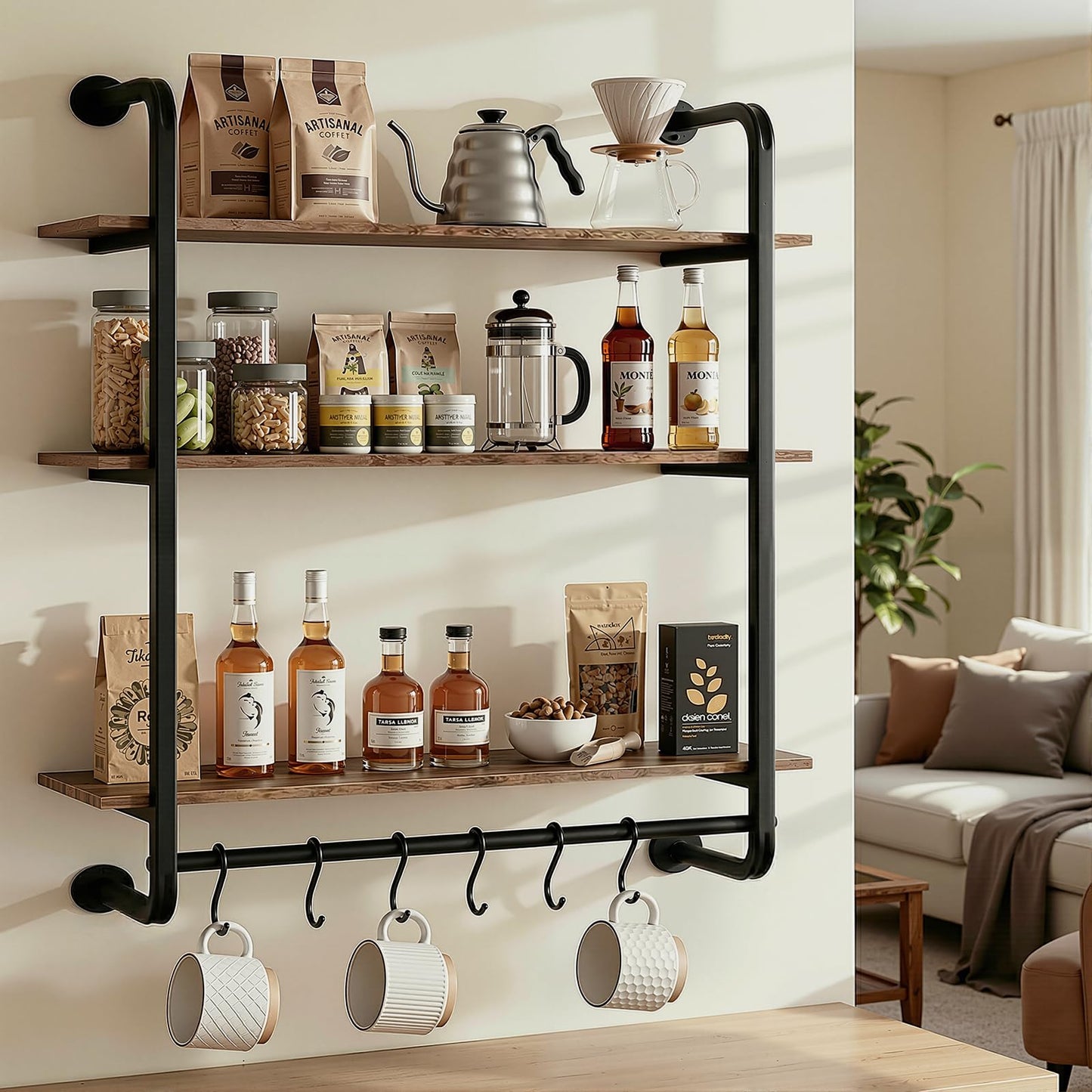 Kssiaz 3 Tier Industrial Pipe Floating Shelf, 24" Kitchen Wall Shelves with Towel Bar & 6 Hooks, Coffee Bar Shelves Display Bookshelf Wall Shelf for Kitchen, Bathroom, Home Décor, Rustic Brown