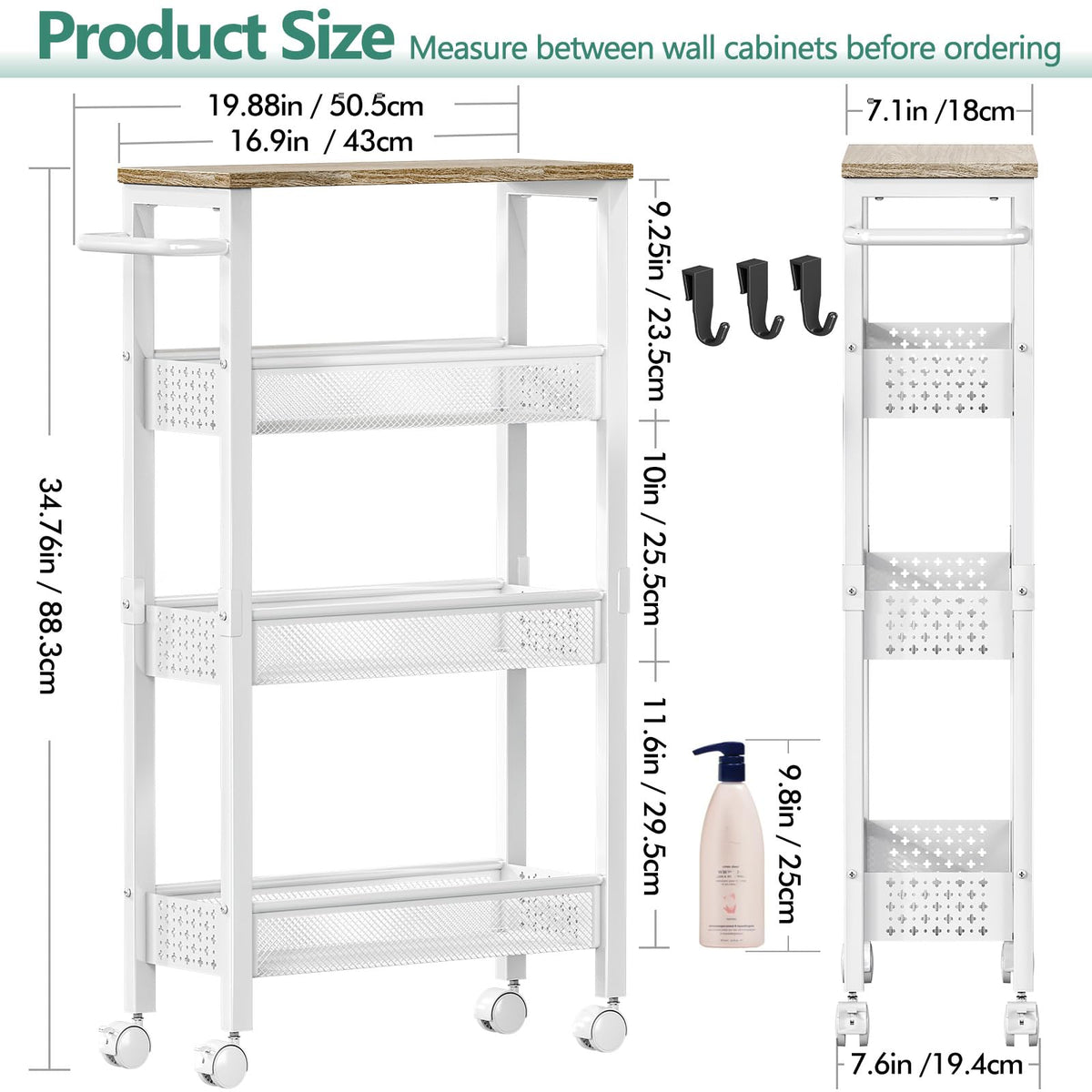 Vivihomety Utility Slim Storage Cart, 4 Tier Small Rolling Kitchen Laundry Room Cart with Wood Top, Metal Bathroom Storage Cabinet Mobile Shelf Unit Organizer Trolley with Handle for Narrow Space