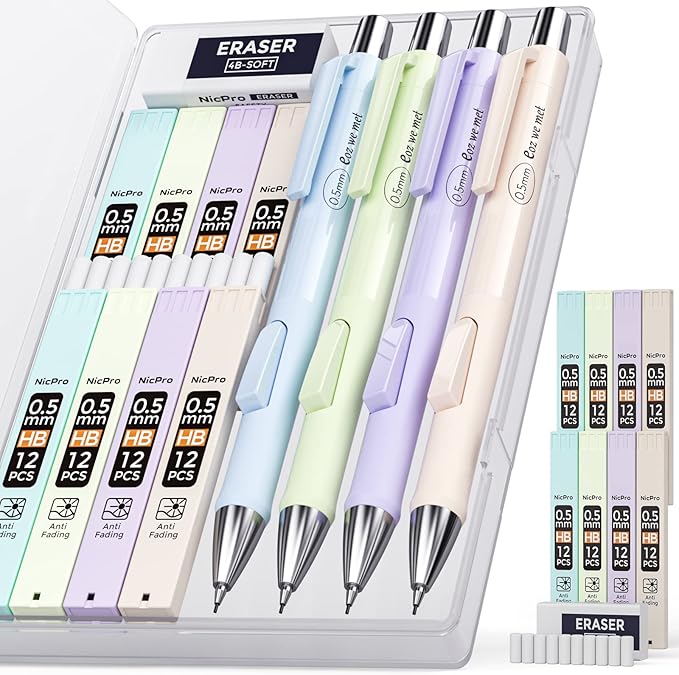 Nicpro 4PCS Pastel Mechanical Pencil 0.5mm, Cute Fast Click Mechanical Pencils Set with 100PCS HB Lead Refills, Erasers and Eraser Refills, Aesthetic School Supplies for Writing, Drawing, Sketching