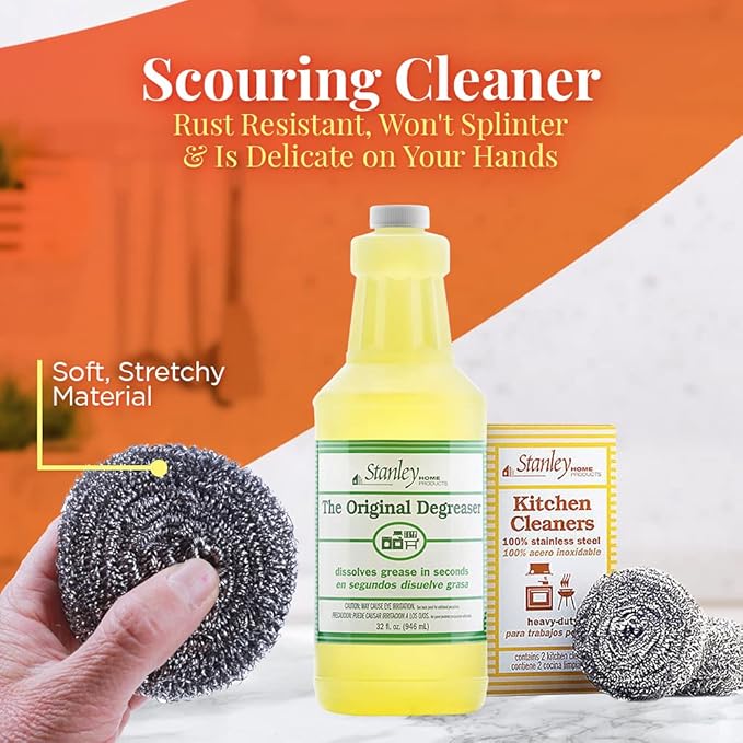 Stanley Home Products Original Degreaser with Stainless Steel Kitchen Scouring Cleaners - Multipurpose Cleaner Set Removes Grease Stains and Build Up on Pots Pans Grills and More