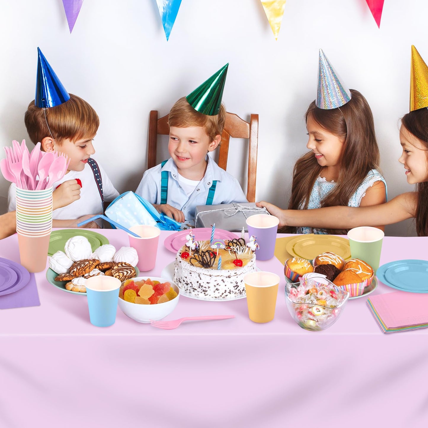 Kochorie 169 Pieces Pastel Party Supplies Disposable Dinnerware Set Include Plates and Cups Napkins Plastic Forks Knives Spoons Tablecloth for Wedding Birthday Party Decorations, Serve 24 Guests