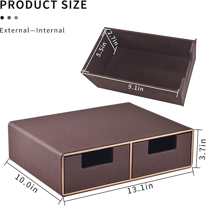 Linen Leather Desk Organizer and monitor stand with Drawers－Mini Desktop Drawer Organizer Stackable－Tabletop Organization Storage Box for Office Supplies Home Vanity Toiletries (Brown, 2-drawers)