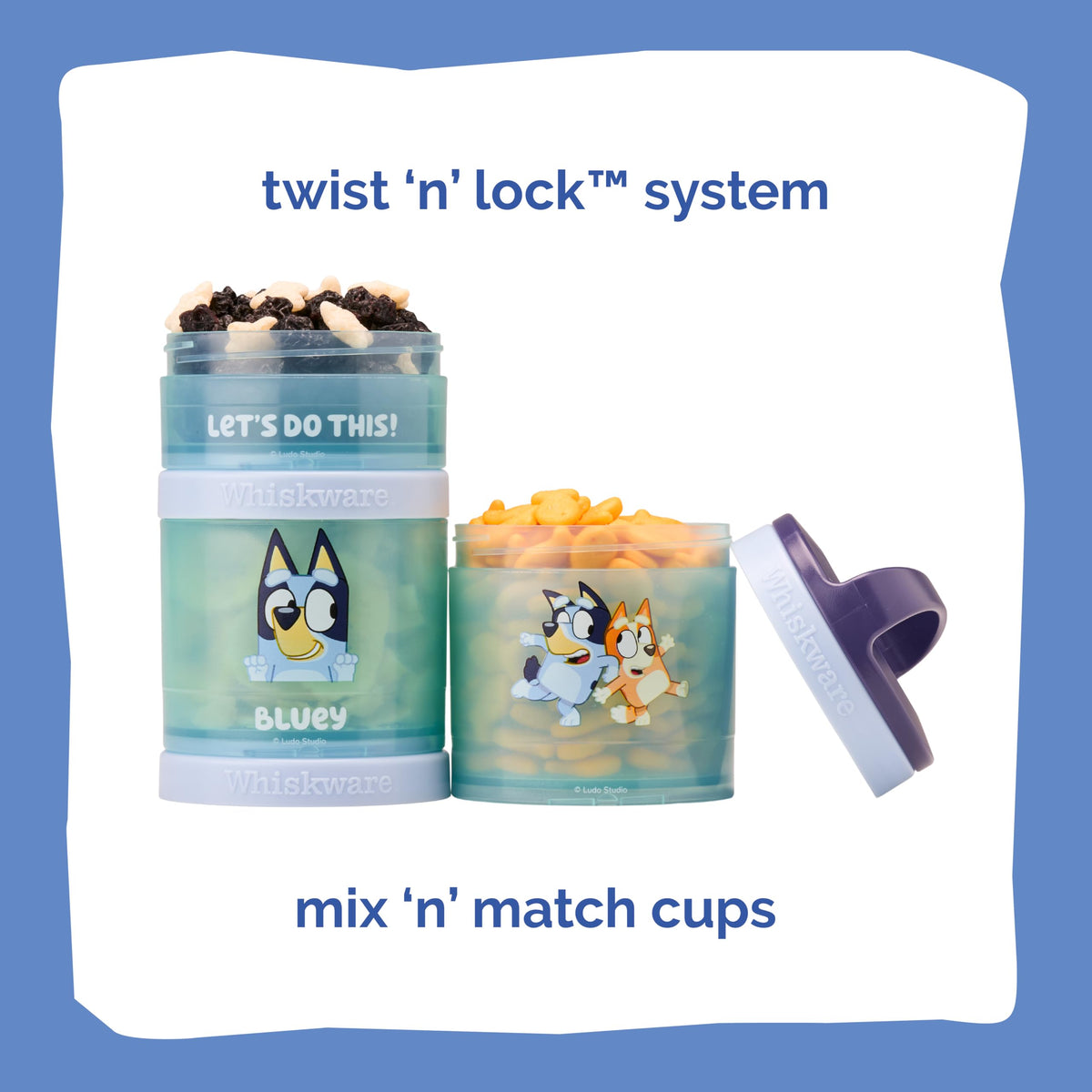 Whiskware Bluey Stackable Snack Containers for Babies, Toddlers, and Kids, 3 Stackable Snack Cups for School and Travel, Cupholder Friendly, Bluey and Bingo! Let’s Do This!