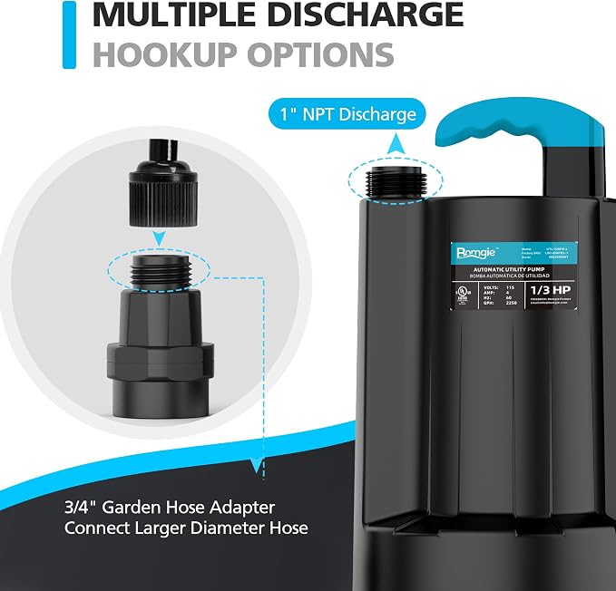 Automatic Water Pump, 2250GPH Sump Pump Submersible Basement Portable Electric Utility Water Pump Removal for Pool Draining Basement Hot Tubs Garden Pool Cover Pond, Black
