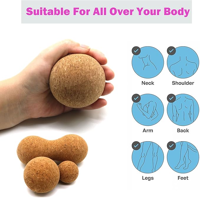 Cork Massage Ball Set for Fascia Release After Exercise, Yoga,Trigger Point Therapy, Relax Muscles, and Relieve Stress,Set of 3 （5.4"*2.4"+2.4"+1.7" Lacrosse Massage Balls