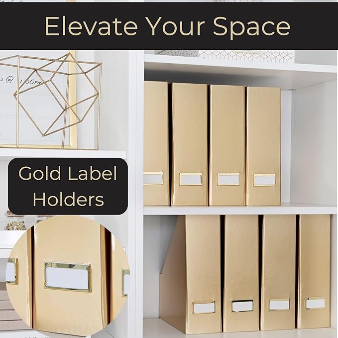 BLU MONACO Gold Magazine File Holder Set of 4 – Stylish Desk Organizer for Home & Office - Elegant Supplies, Bookends & Durable File Holders for a Gold Office Decor