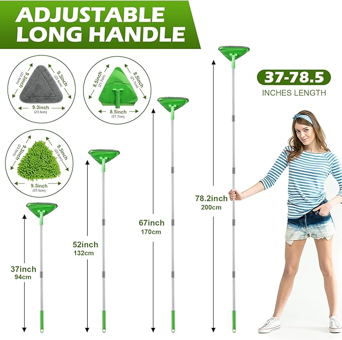 Wall Cleaner Triangle Mop with 82'' Long Handle - Wall Scrubber, Cleaning Washer Tool with 4 Microfiber Chenille Duster Pads for Clean Walls, Ceiling, Windows, Baseboards, Floors (Green)