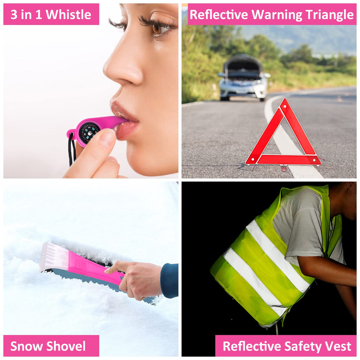 HLWDFLZ Car Roadside Emergency Kit - Pink Roadside Assistance Emergency Kit with Jumper Cables, Auto Tool Set, Deer Whistles, Winter Car Safety Roadside Assist Kit for Teen Girl and Ladies