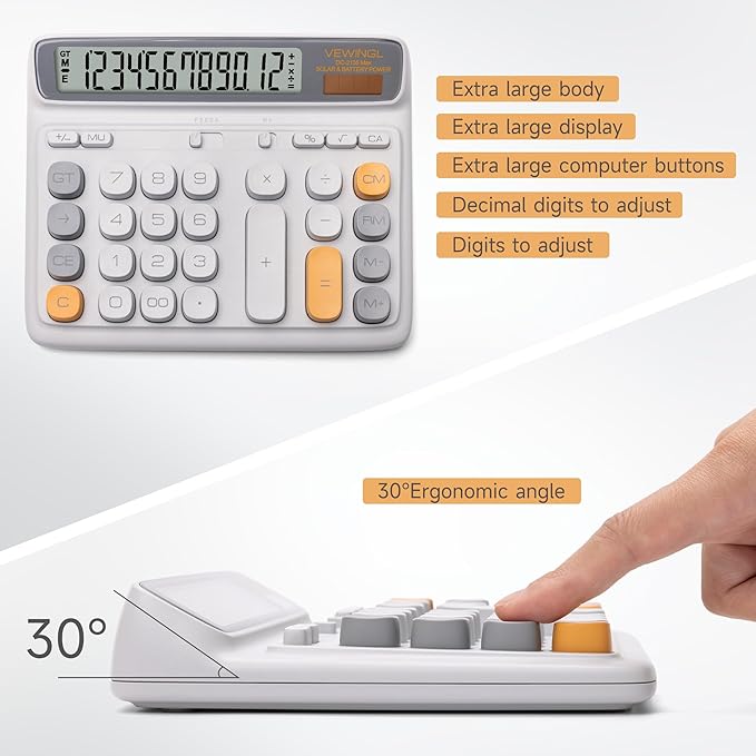 VEWINGL Desktop Calculator, 12-Digit Large LCD Display, Big Computer-Style Keys, Dual Power (Solar & Battery), Auto Sleep Mode, for Office, School, Home & Business 7.5″ x 6.1″ (Gray, L)