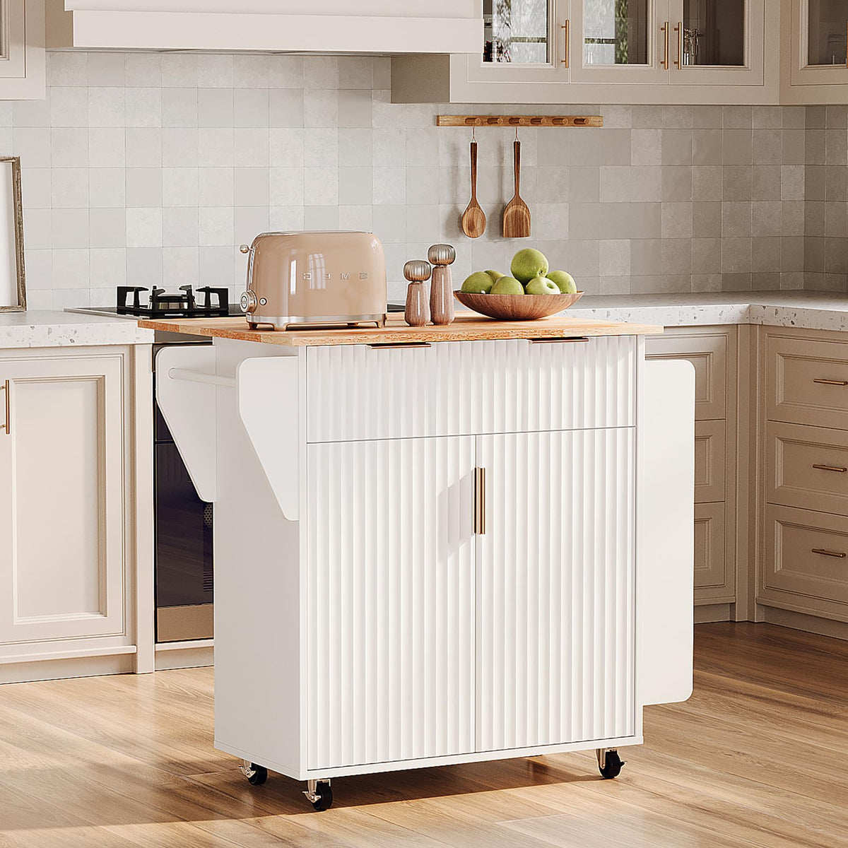 VINGLI Kitchen Island Cart with Storage, Rolling Kitchen Cart on Wheels with Foldable Drop Leaf, 15.35 x 31.15 x 34.45 Inches, Rubber Wood Top, Drawer and Door Cabinet, White
