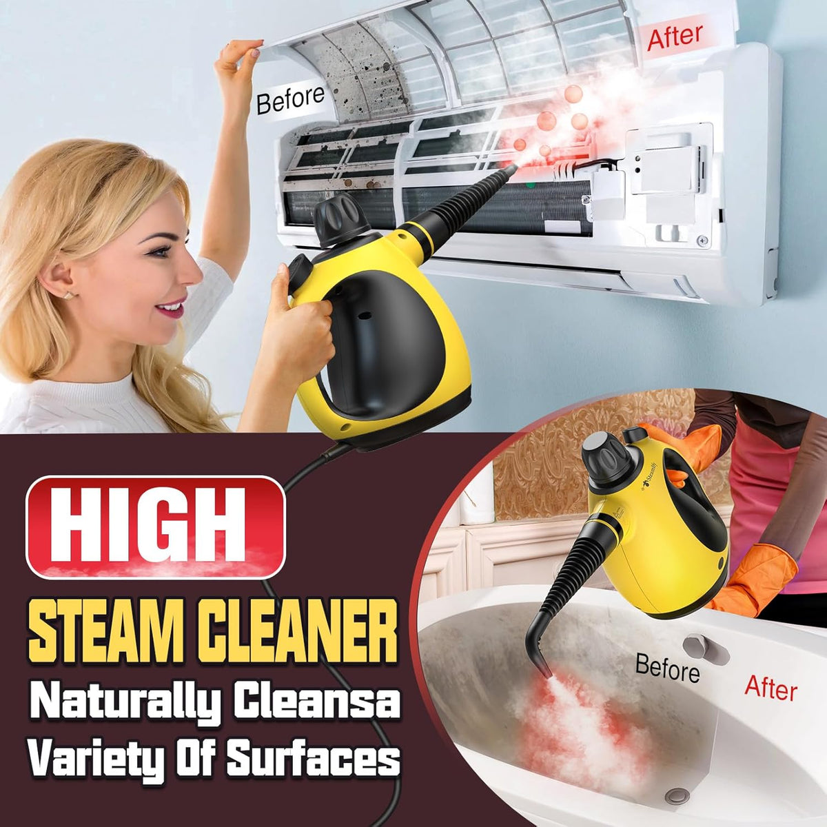 Pressurized Handheld Steam Cleaner for Home, Multi-Surface Steamer with 12 Accessories, 12.8oz Natural Steamer for Cleaning Car, Bathroom, Shower, Upholstery, Grout, Window, Grease