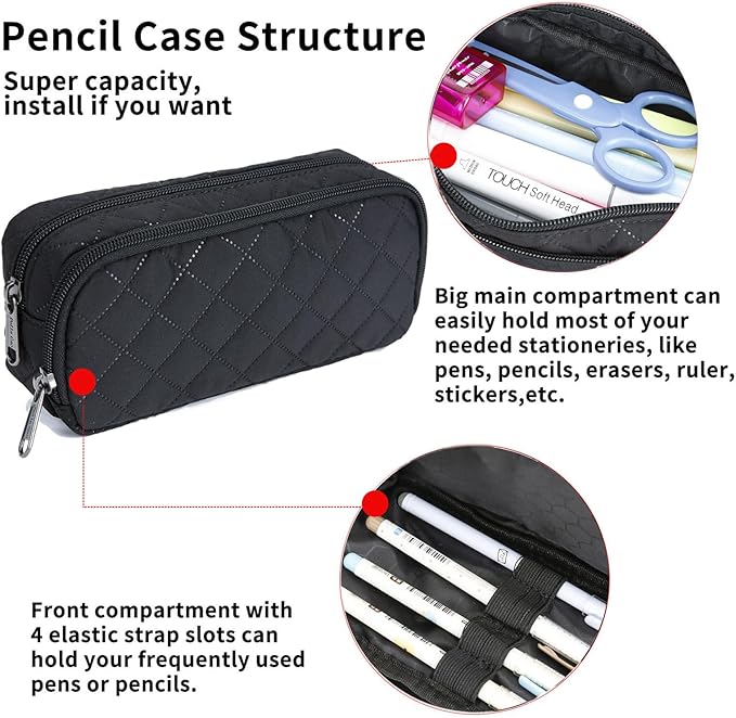 Della Gao Pencil Case Large Capacity Pencil Pouch Soft Quilted Pen Bag Office Stationery Organizer Sturdy Pencil Bag for Men Women - Black
