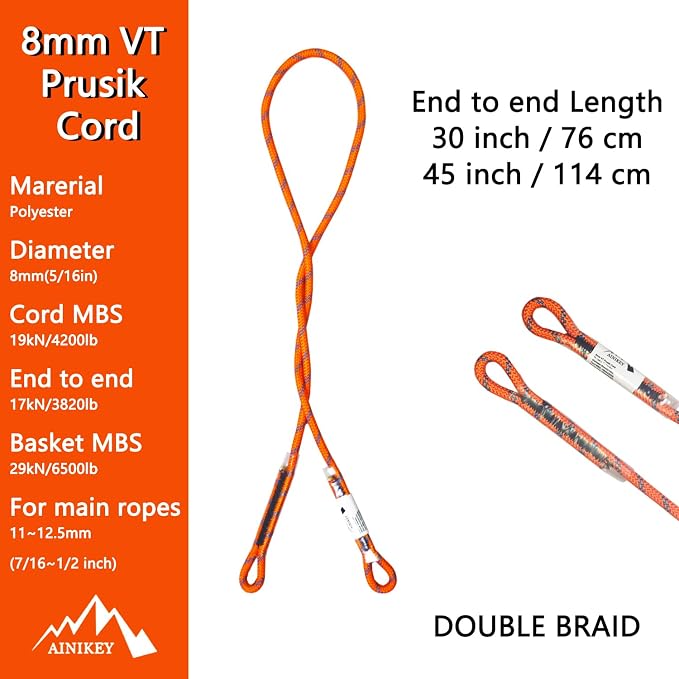 8mm (5/16") Prusik Swen Eye-to-Eye Pre-Sewn 30 inch / 45 inch Climbing Utility Cord Multipurpose for Outdoor Climbing Arborist Mountaineering Rope Orange | 30 inch | Pack of 3