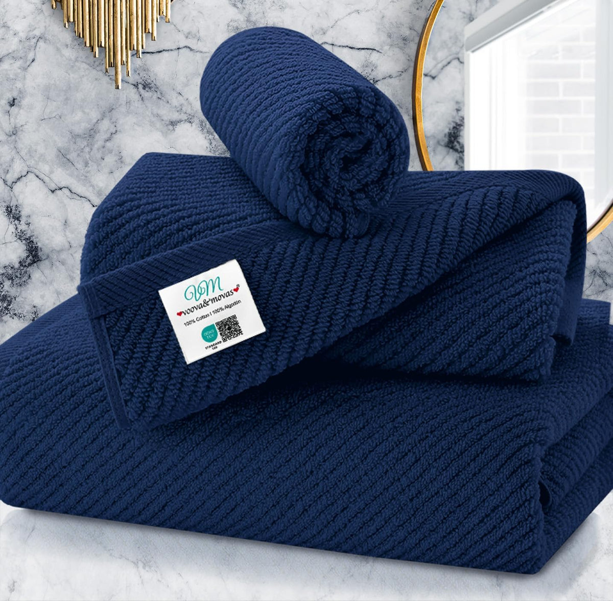 Blue Towels Set for Bathroom, Luxury 3 Piece Gift set, 100% Cotton | Quick Dry | Soft | Thick, 1 Large Bath 30" x 56", 1 Hand 18" x 28", 1 Wash Cloth 13" x 13", Bathroom Essentials, Navy