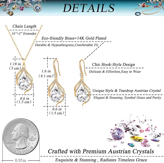EVEVIC Austrian Crystals Teardrop Hollow Twisted Pendant Necklace Earrings for Women 14K Gold Plated Halo Drop Dangle Earrings Hypoallergenic Jewelry Set