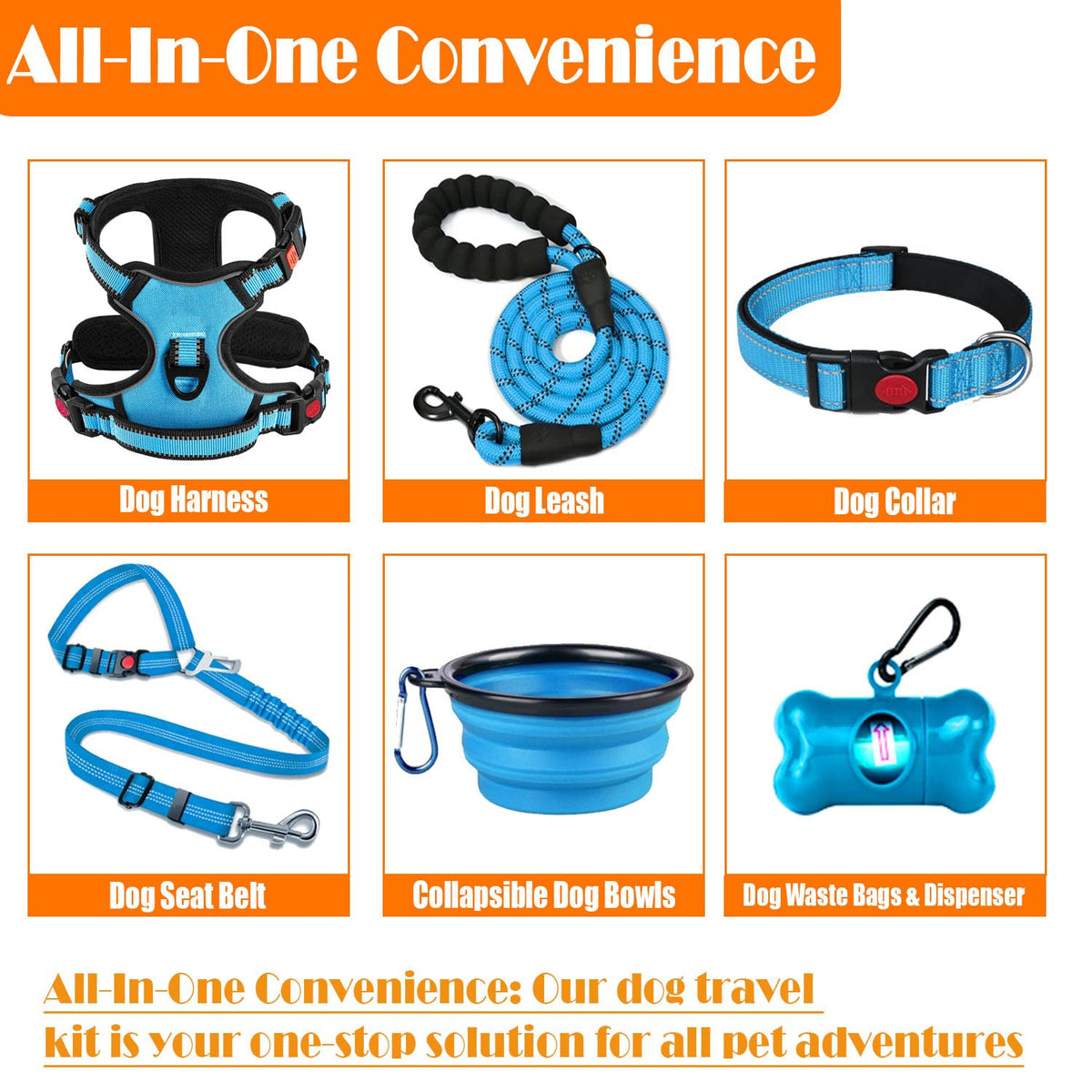 LOBEVE No Pull Dog Harness, Collar & Leash Set | Includes Dog Seat Belt, Collapsible Bowls & Poop Bag Dispenser. Ideal for Training, Walking, Hiking. Fits Small to Large Dogs(Blue-L)