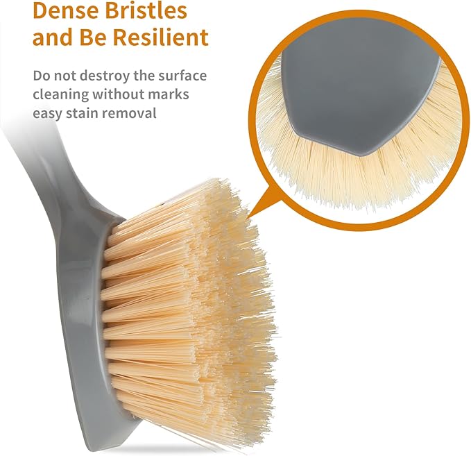 2 Pack Kitchen Dish Brush Bamboo Handle Dish Scrubber Built-in Scraper, Scrub Brush for Pans, Pots, Kitchen Sink Cleaning, Dishwashing and Cleaning Brushes are Perfect Cleaning Tools, Color-Gray
