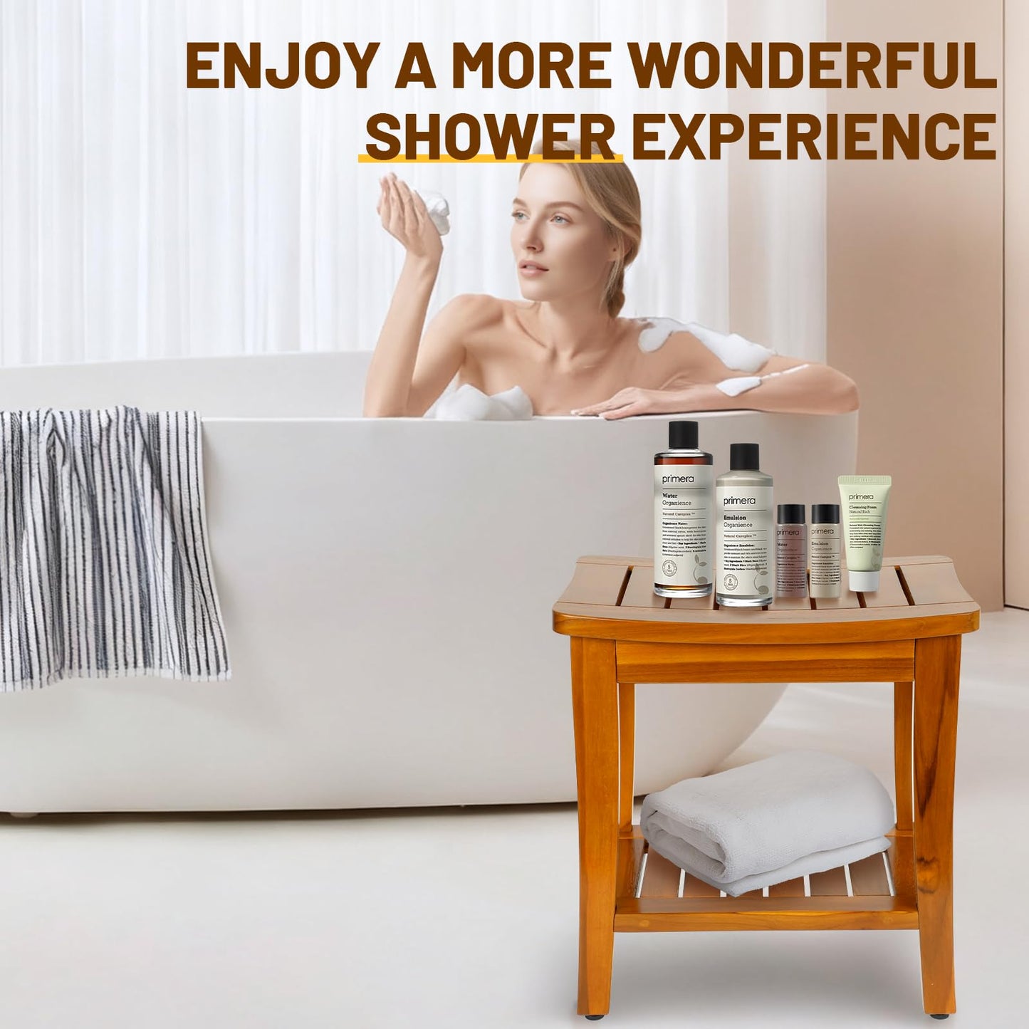 16" Compact Teak Shower Bench with Shelf, Premium Teak Shower Stool, Durable Waterproof Seat for Inside Shower, Solid Teak Wood Bench for Bathroom, Indoor & Outdoor Use