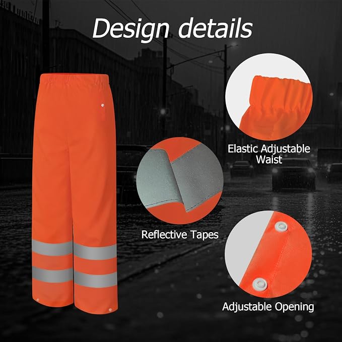 Rain Pants, High Visibility Safety Coat, Hi Vis Waterproof Work Pants, Lightweight Rain Gear for Outdoor Activities, Men Women, Orange P, L-XL