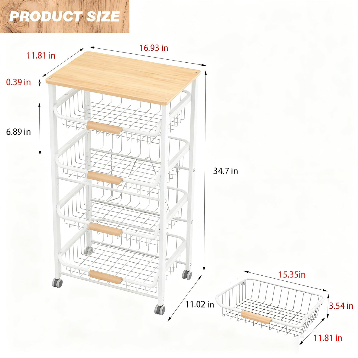 ULIKEUS 5-Tier Rolling Pantry Floor Storage Cart with Wheels&Wood Top, Large Capacity Kitchen Organization Fruit Wire Basket Stand for Pantry, Bathroom, Living Room,White