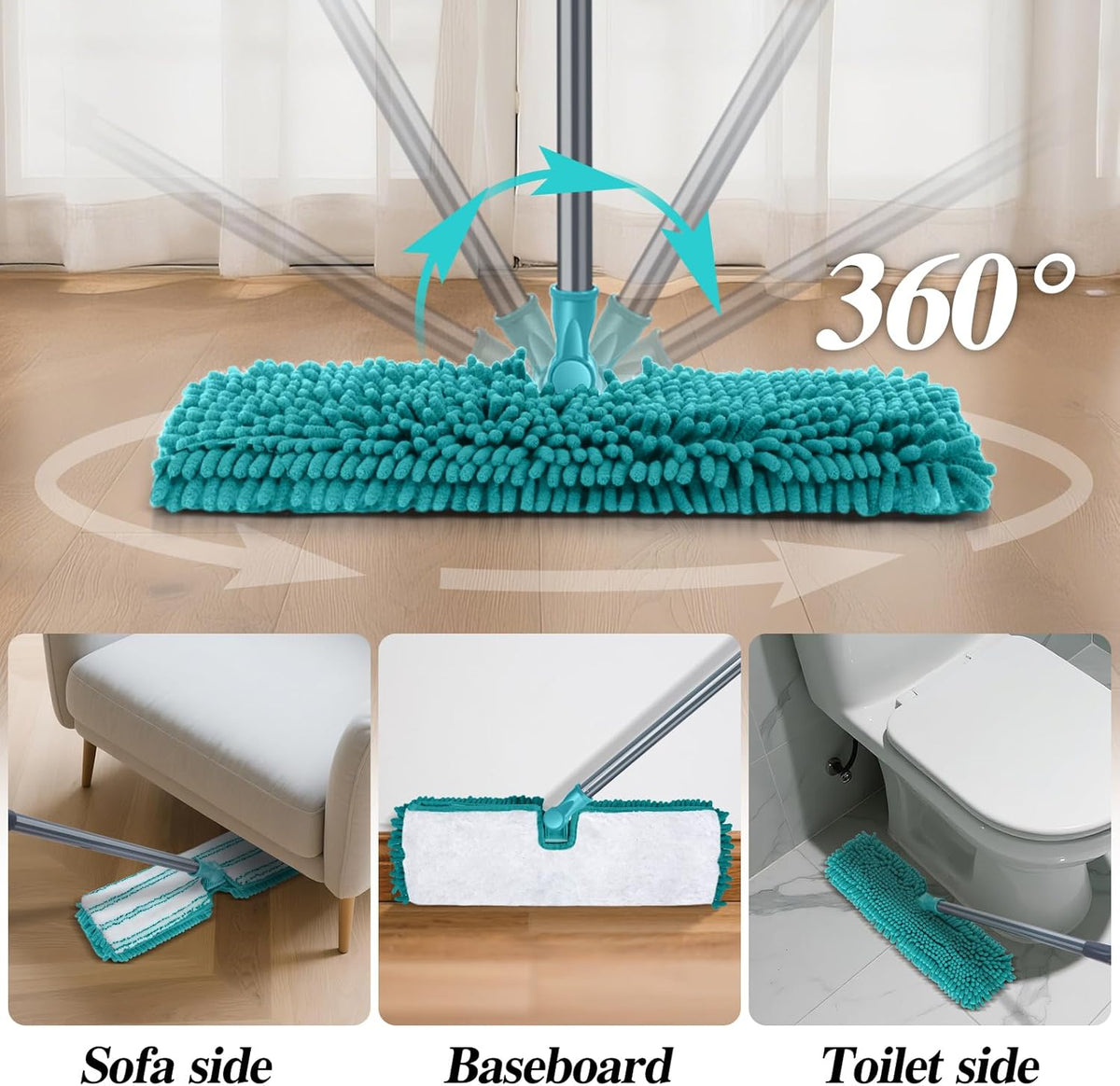 MASTERTOP Microfiber Flat Mop, Double-Sided Dust Mop with 4 Wet & Dry Pads, Floor Mop with Extension Stainless Steel Handle for Cleaning Hardwood, Vinyl, Laminate