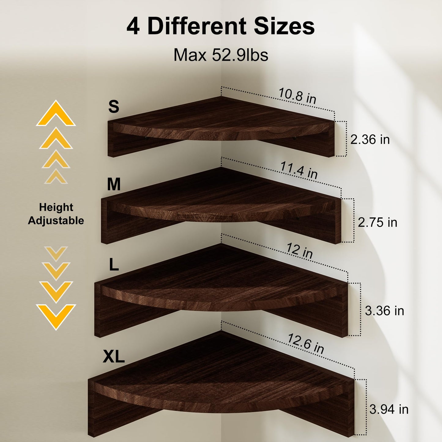 Alsonerbay Corner Shelf Wall Mount, Floating Shelves for Wall Storage and Display, Set of 4 Rustic Wood Shelves for Bedroom, Kitchen, Living Room, Nursery and Office (Dark Brown)