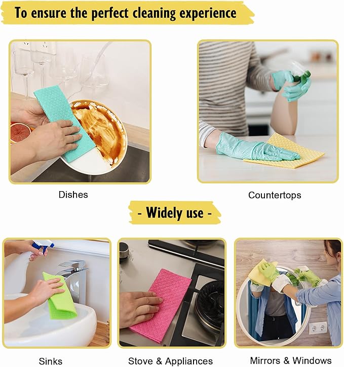 Swedish Dishcloths for Kitchen | 6 Pack Absorbent Cellulose Sponge Cloths Washable | Non-Scratch Reusable Paper Towels Quick Drying Cleaning Cloths - Blue