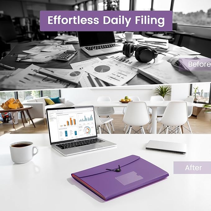 13 Pocket Accordion File Organizer with Elastic Closure, Expanding File Folder for Letter Size A4 Papers, Ideal for Home, Office Supplies, College Essentials - Purple