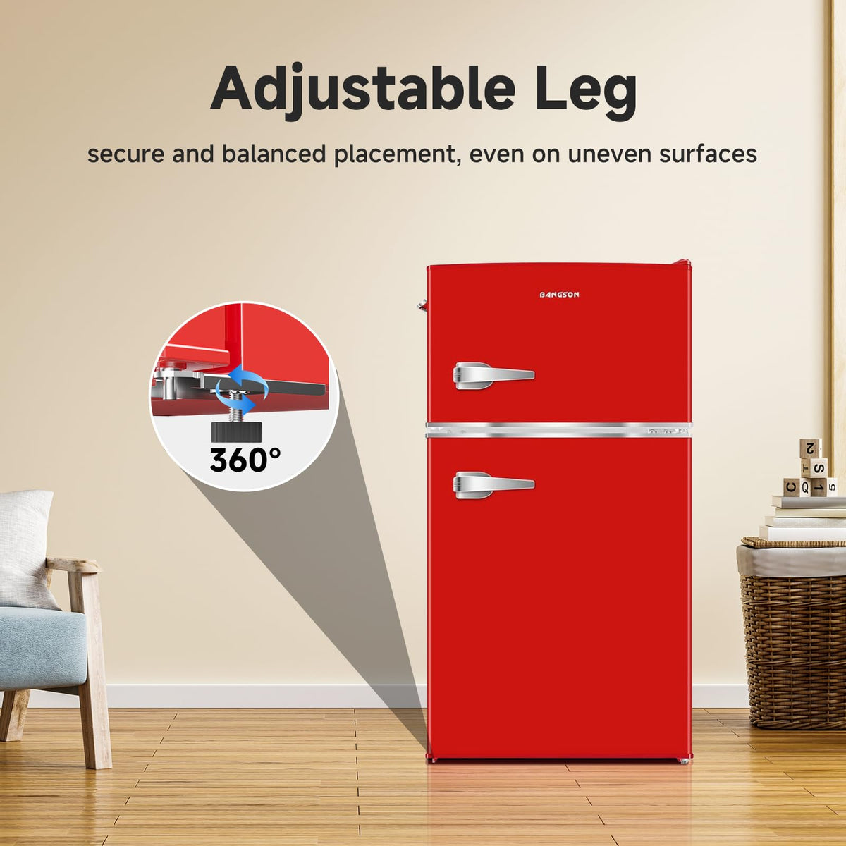 BANGSON Mini Fridge with Freezer, 3.2 CU.FT Small Refrigerator with Freezer, Door Handle, Bottle Opener, For Bedroom, Dorm, Office, Home, Garage or RV, R-600a (Red)