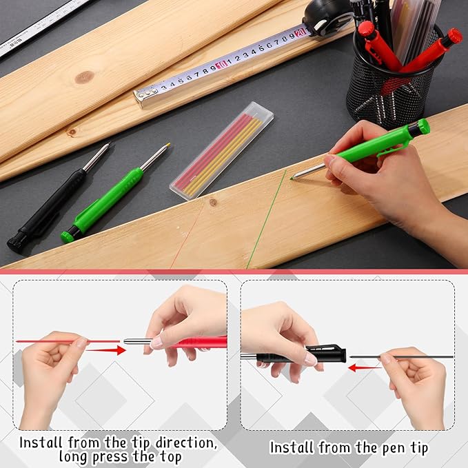 8 pack 2.8mm Mechanical Carpenter Pencils with 48 Refills, Construction Pencils with Built-in Sharpener, Long Nib Deep Hole Marker, Heavy Duty Woodworking Tools(Black+yellow+red+green)