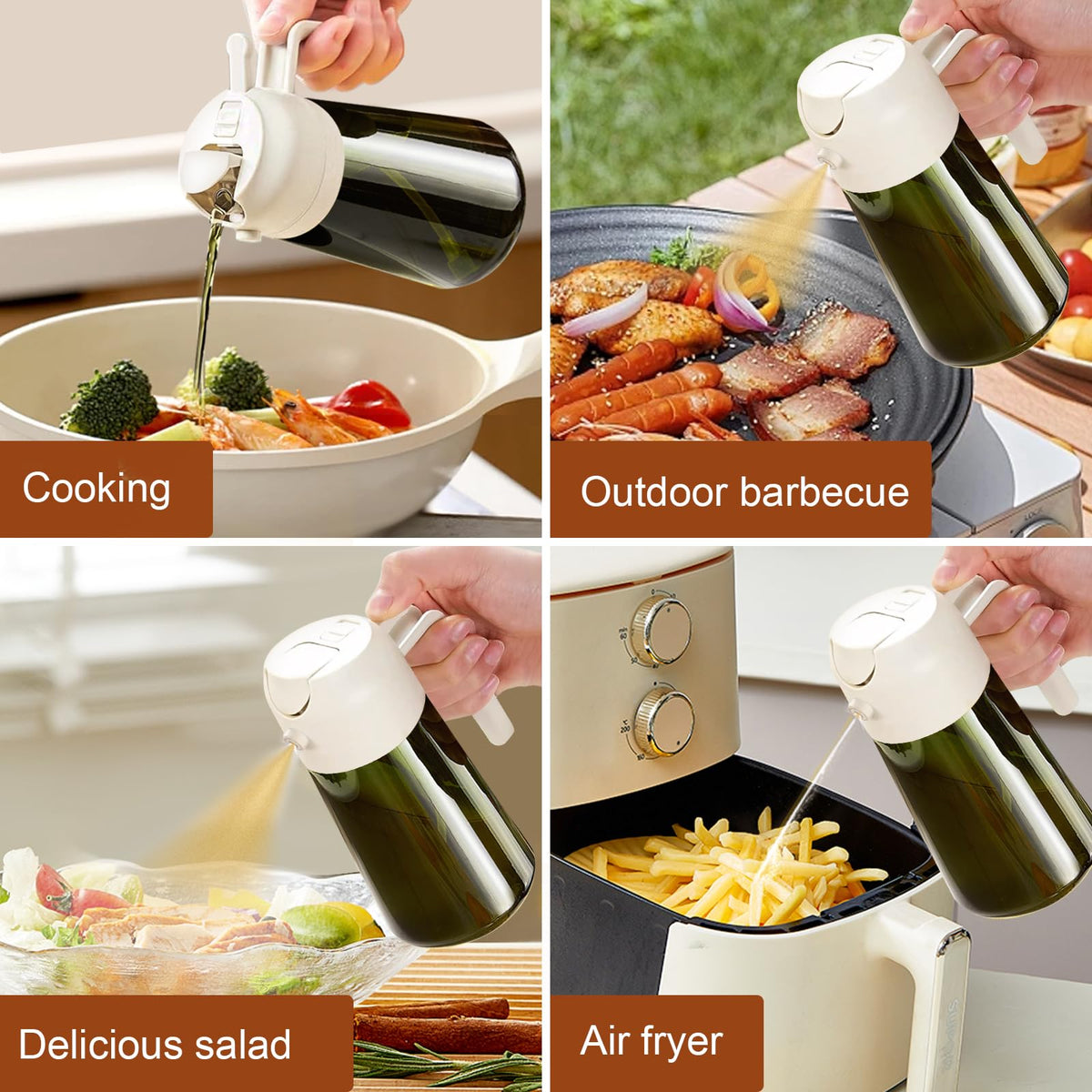 YARRAMATE 16oz/470ml Light-Blocking Dark Oil Sprayer for Cooking, 2 in 1 Olive Oil Dispenser Bottle for Kitchen, Premium Dark Green Glass Oil Bottle, Food-Grade Oil Mister for Air Fryer, BBQ (White)