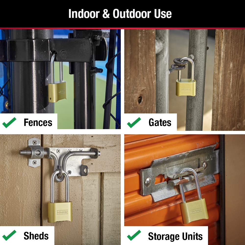 Master Lock Brass Combination Lock, Gate Lock for Outdoor Fence or Shed, Customizable Combination Padlock with Extended 2-1/4-Inch-Long Shackle, 2 Pack, 175LHEC2