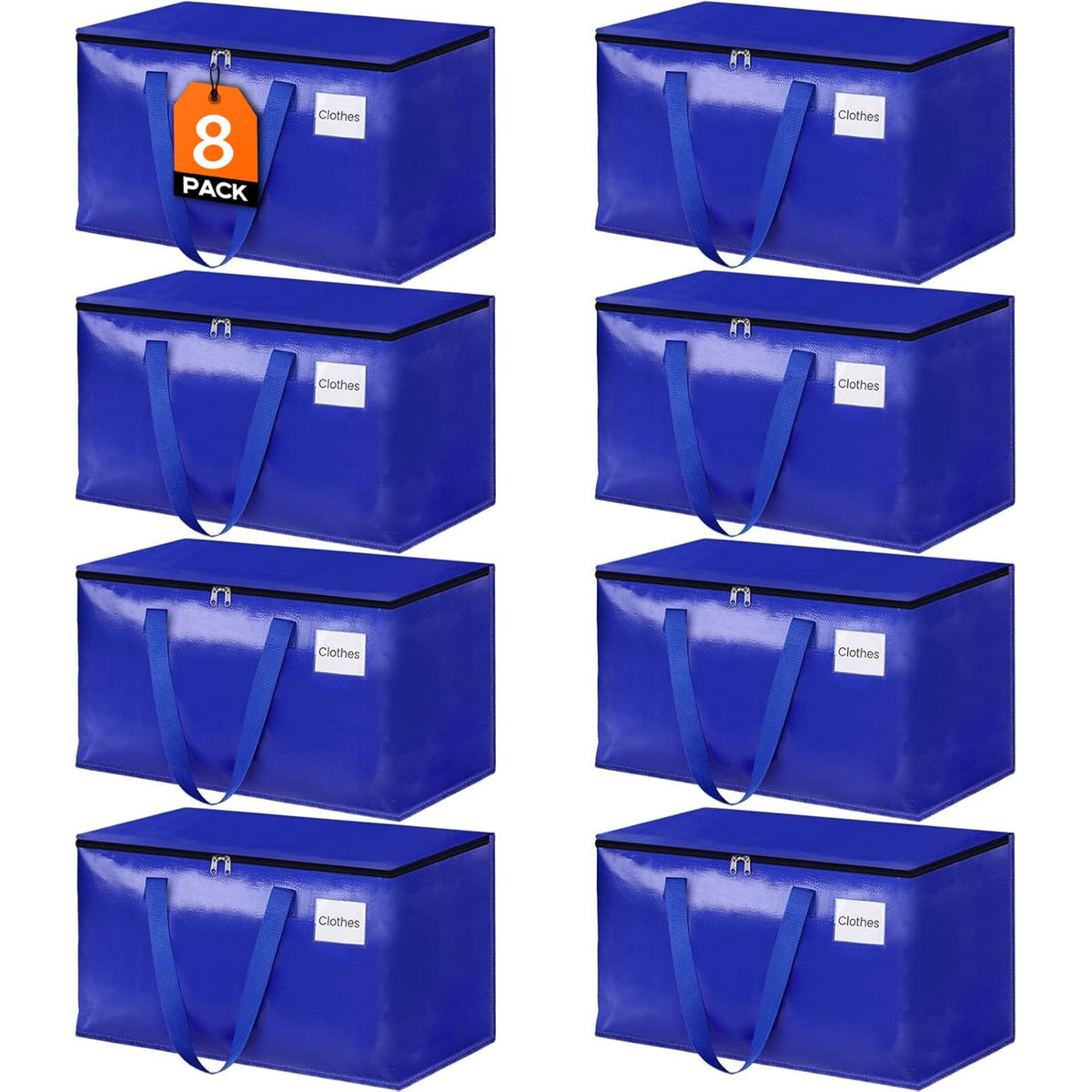HomeHacks Moving Bags, 8-Pack Heavy Duty with Strong Zippers and Handles Collapsible Moving Supplies, Storage Totes for Packing & Moving Storing 93L-8 Pack (Blue)