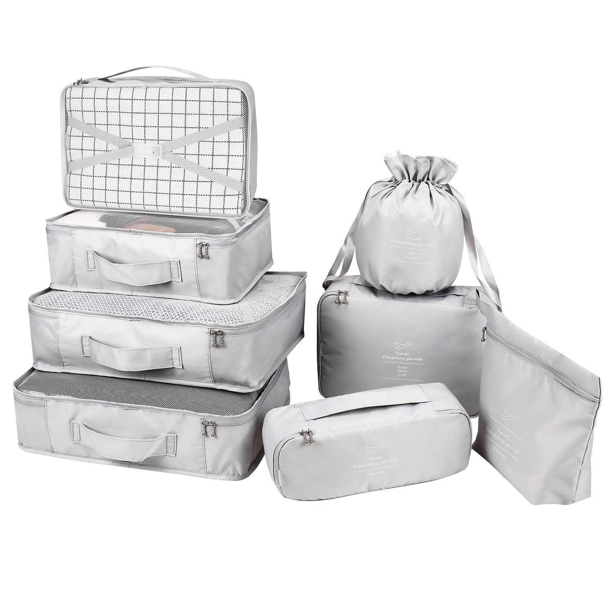 Packing Cubes 8 Sets Travel Luggage Organizers Include Waterproof Shoe Storage Bag Convenient Packing Pouches for Traveller (Grey)