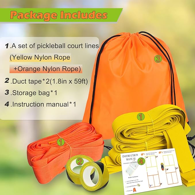 TRINKA Pickleball Court Marking Kit, Temporary Pickleball Court Lines Markers with 2 Tape, Official Size Pickleball Lines Portable Marking Set for Outdoor Indoor Gym Pickleball Tennis (Orange-Yellow)