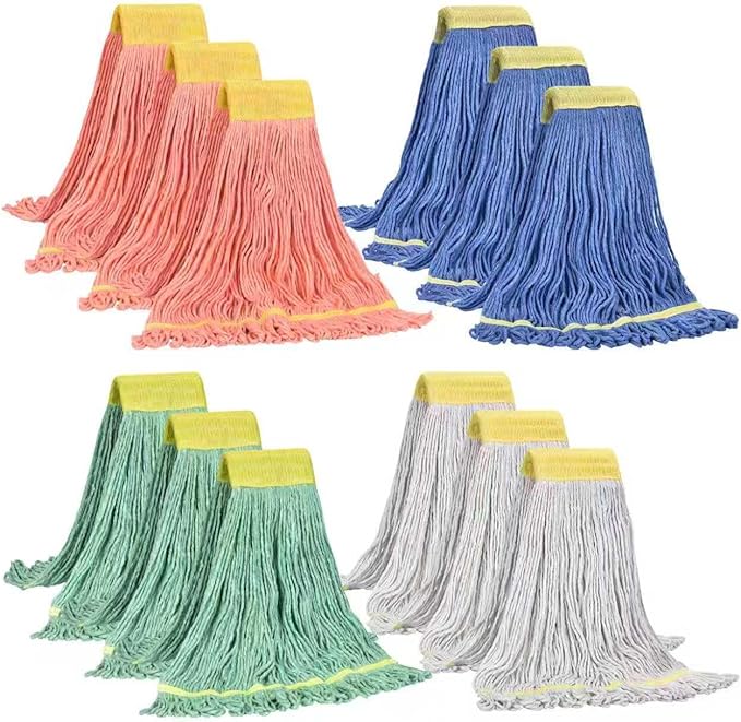 Matthew Cleaning Heavy Duty Mop Head Replacement, 5 Inch Wide Headband, Color Coded Looped End Cotton String Wet Mops for Floor Cleaning, Large Size 24 oz, 12 Pack