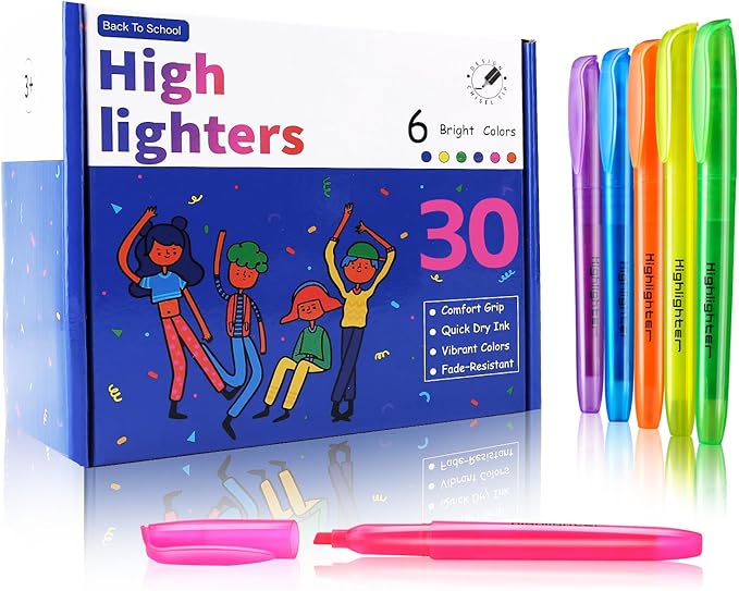 Highlighters Assorted Colors Bulk, 30 Pack: No Bleed & Dry-Quickly, Chisel Tip, 6 Bright Colors, Highlighter Set for School, College, Office