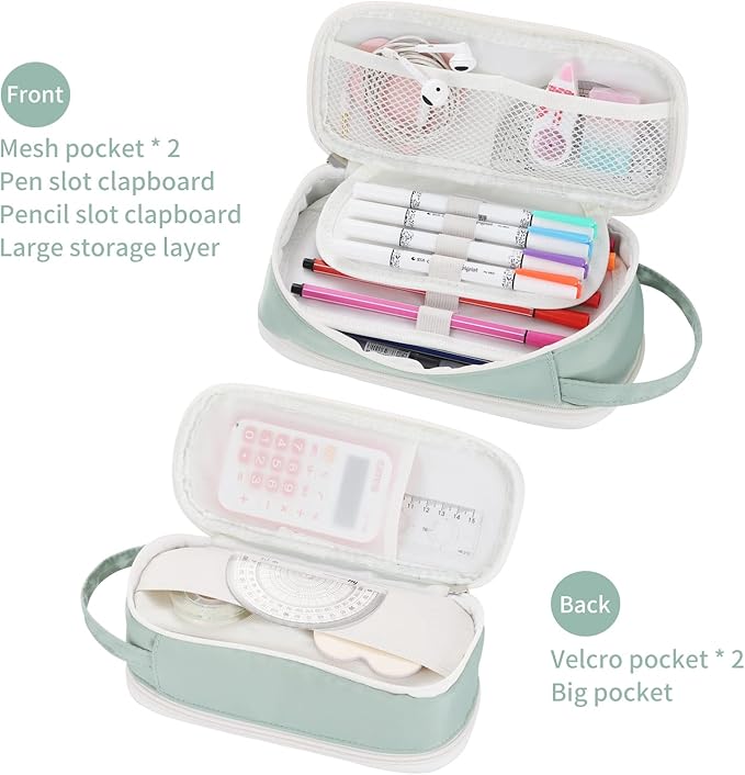 Dugio Big Pencil Case for Girls Teens Kids Zipper Pencil Pouch with Handle Organizer Pencil Bag Aesthetic Pencil Box for School Green