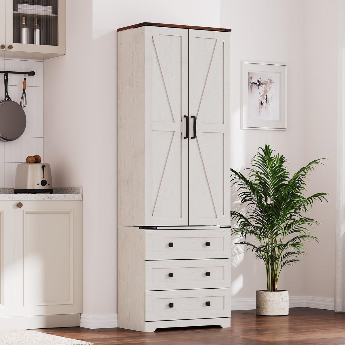 72'' Tall Kitchen Pantry Cabinet, Freestanding Tall Cupboard Storage Cabinet with 2 Barn Doors & 3 Drawers, Adjustable Shelves, Large Farmhouse Pantries for Living Room, Dining Room