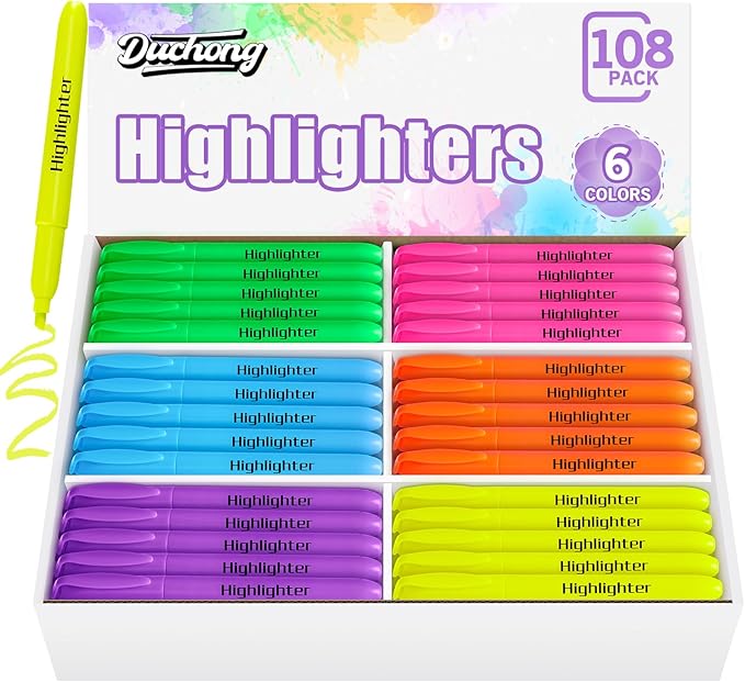 Duchong 108 Highlighters Bulk, Highlighters Assorted Colors for Adult Kids, Chisel Tip Dry-Quickly No Bleed Highlighter, Office Classroom Must Have, School Supplies for Teachers